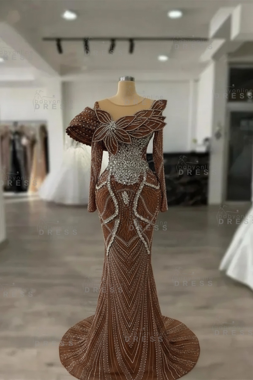 Luxury Crystals Long Sleeves Floor-Length Mermaid Prom Dress with Flowers 