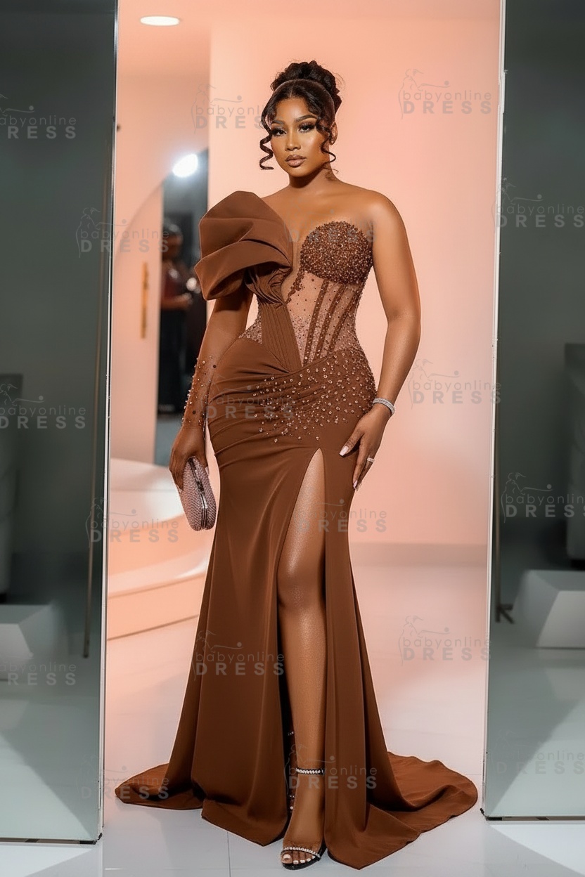 One-Shoulder Long Sleeves Corset Beadings Mermaid Prom Dress with High Split