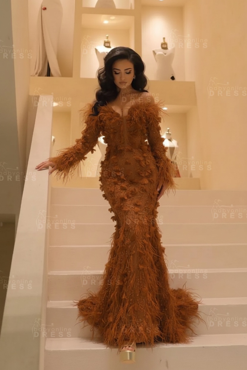 V-neck Long Sleeves Mermaid Evening Dresses Floor Length with Flowers