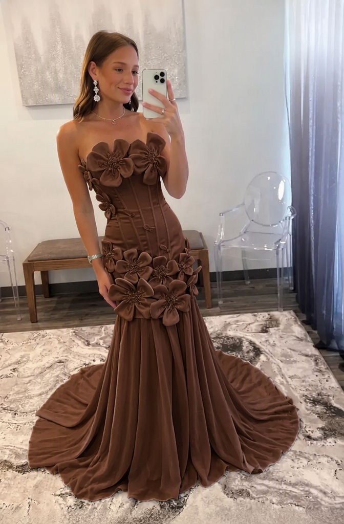 Brown Satin Bodycon Prom Dress with 3D Floral Appliques