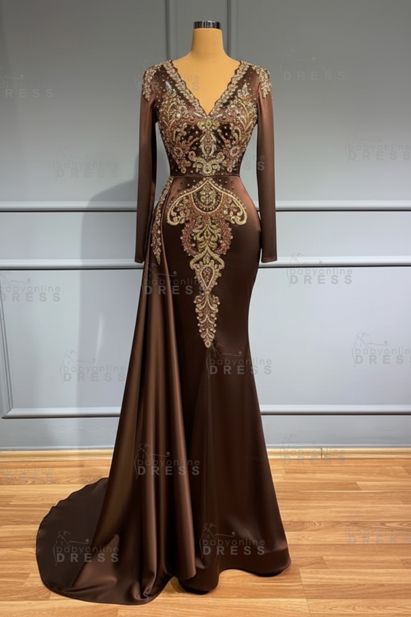 Glamorous V-Neck Long Sleeves Mermaid Prom Dress with Crystals