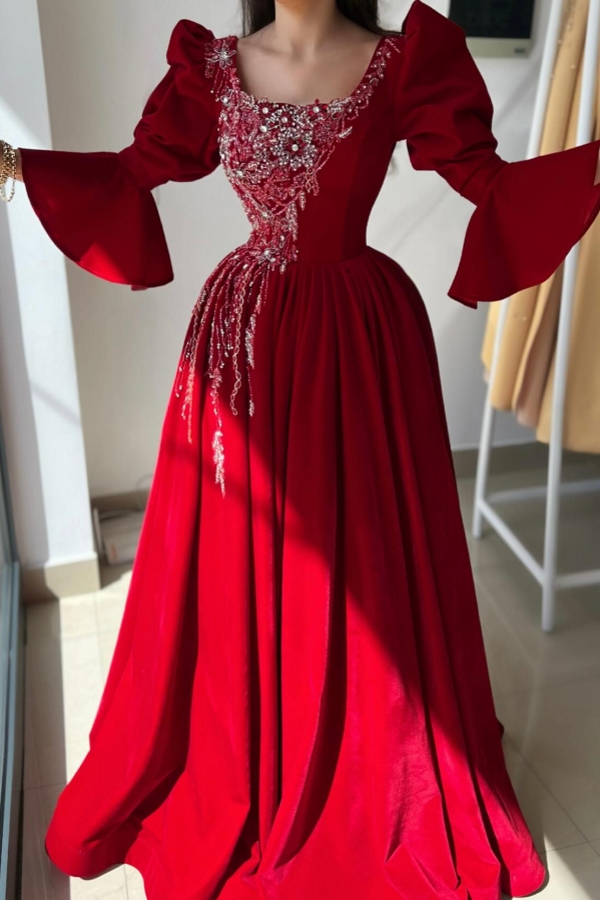Bubble Wide Sleeves Red Mermaid Vintage Prom Dresses