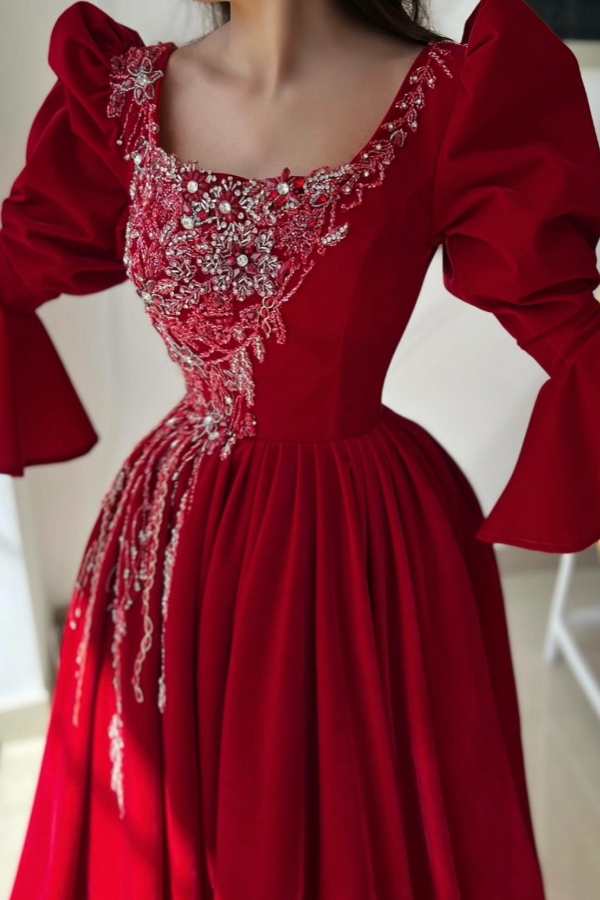 Bubble Wide Sleeves Red Mermaid Vintage Prom Dresses