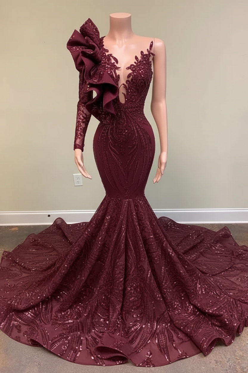 Chic Black Long Sleeve Asymmetrical Floor Length Mermaid Prom Dress