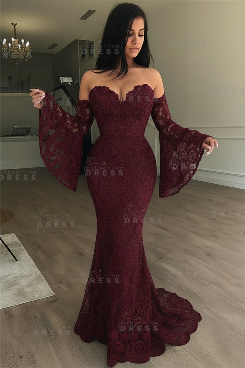 Off-the-Shoulder Long Sleeves Lace Floor-Length Mermaid Evening Dress
