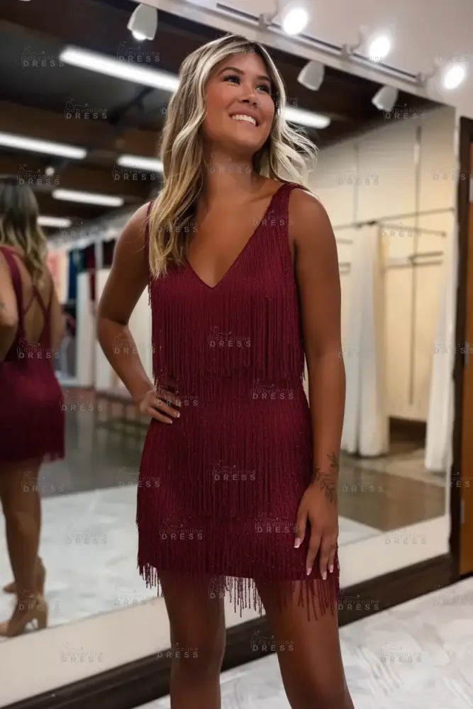 White V-Neck Backless Short Homecoming Dress with Tassels