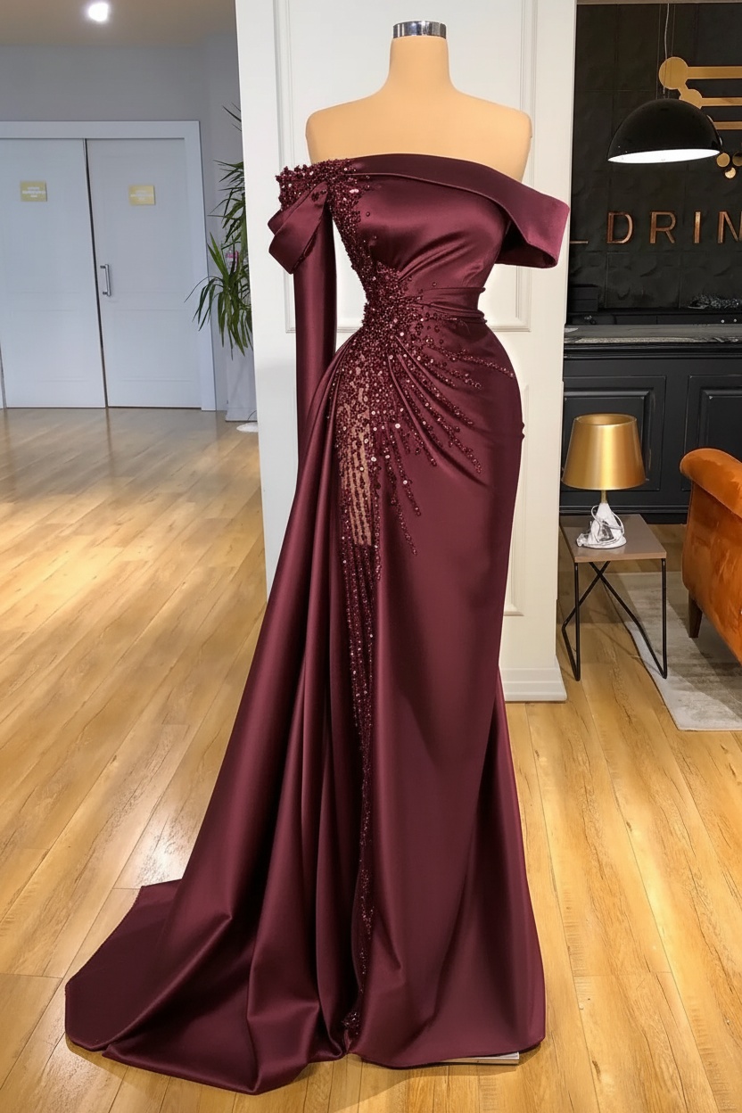 Off-the-Shoulder Satin Floor Length Prom Dress with Side Slit