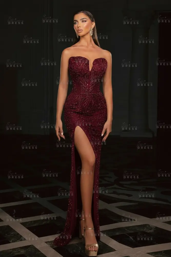 Gold Strapless Sequins Beading Split Front Column Prom Dresses