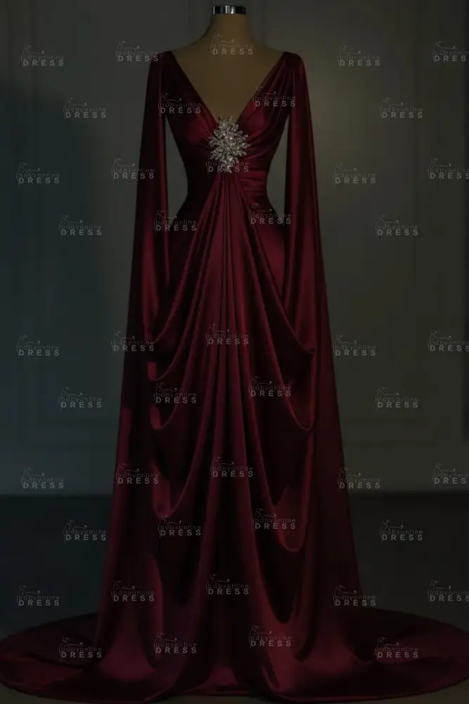 Long sleeves V-neck Satin Ruffles Mermaid Prom Dresses Floor-Length