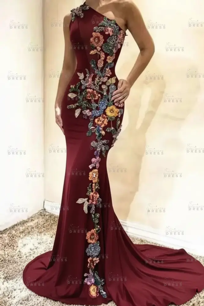 Amazing One-Shoulder Floral Pattern Beadings Floor-Length Mermaid Prom Dress 