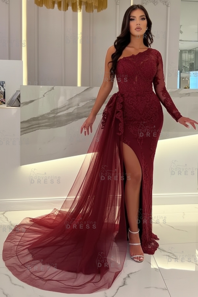 Sexy Sky blue One-shoulder Mermaid Prom Dress Tulle with High split