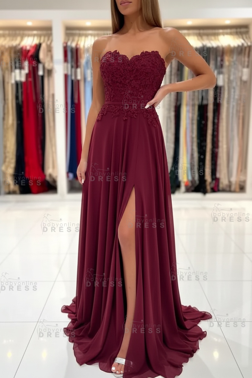 Sweetheart Strapless A-Line Chiffon Floor Length High Split Prom Dress