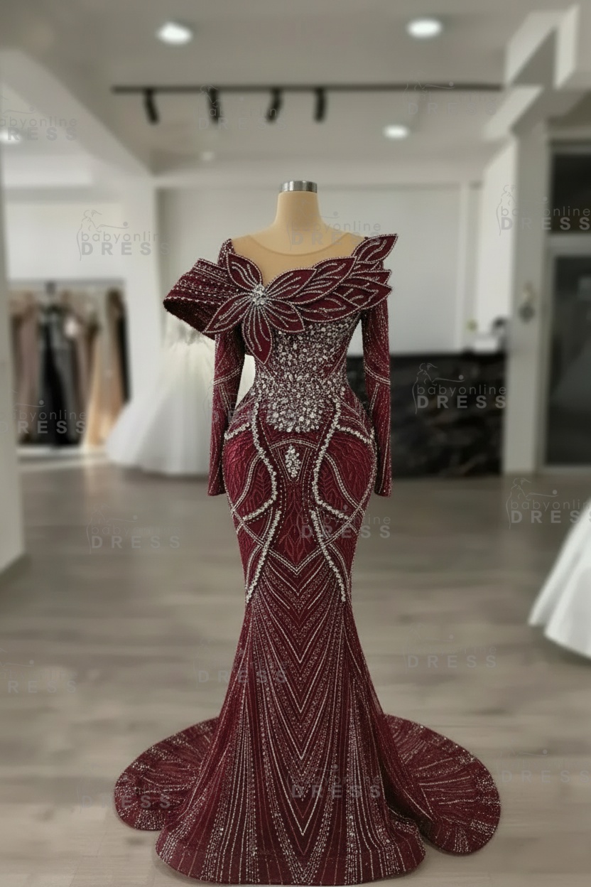 Luxury Crystals Long Sleeves Floor-Length Mermaid Prom Dress with Flowers 