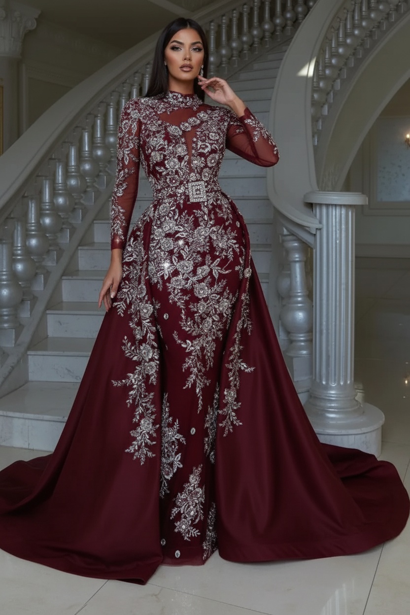 Blushing pink Long sleeves Overskirt Lace Prom Dresses