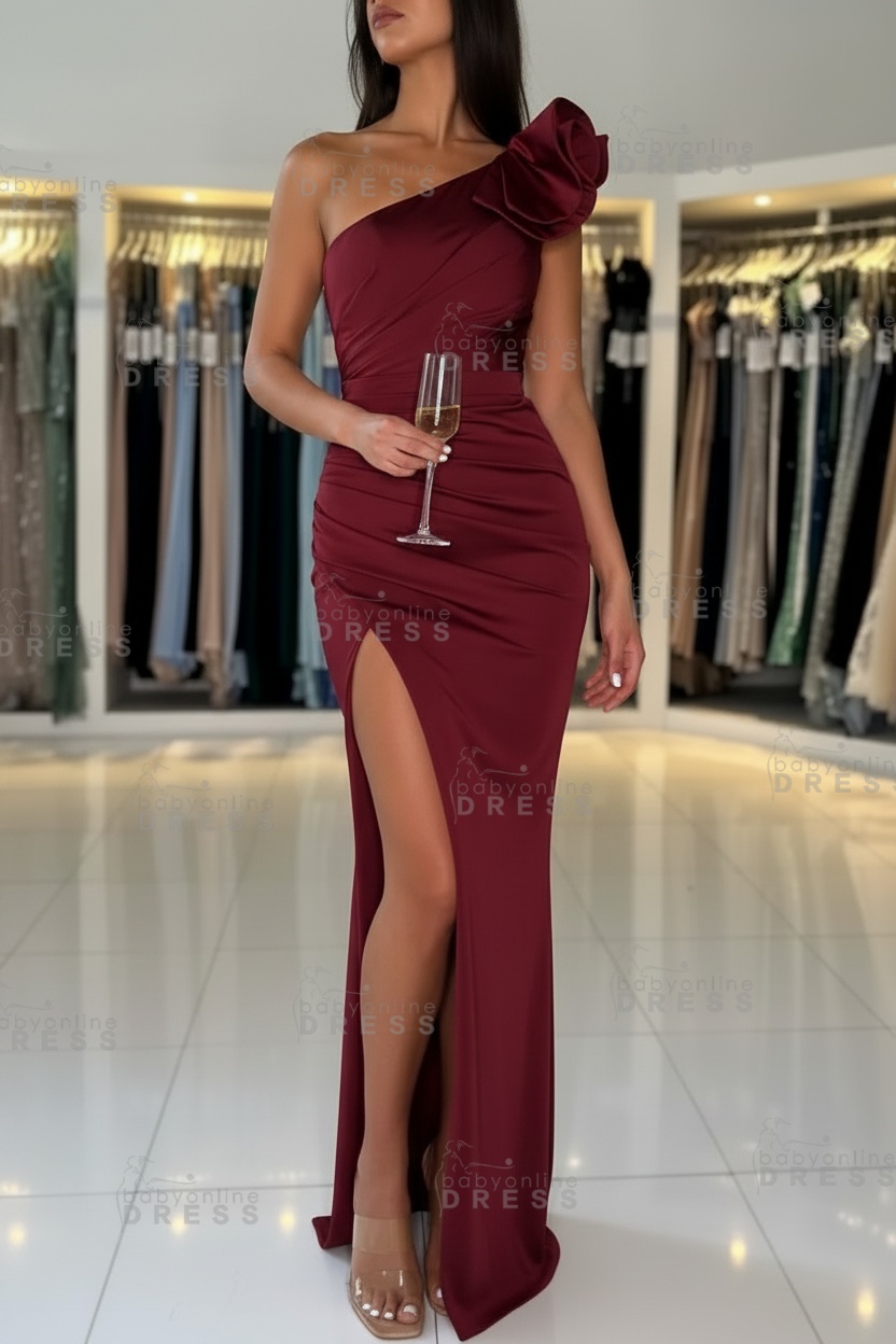 One-Shoulder Satin Floor-Length Mermaid Prom Dress with High Split