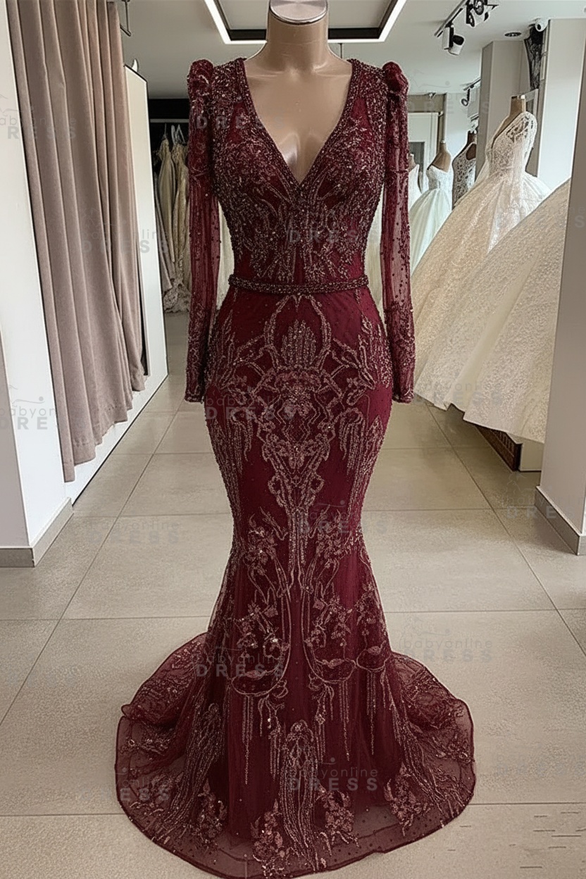 Gorgeous Mermaid Lace Beading V Neck Long Sleeves Prom Dresses | Evening Gowns With Beading Waistband