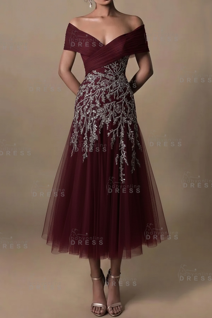 Champagne V-Neck A-Line Tea Length Prom Dress Tulle Mother of the Bride Dress