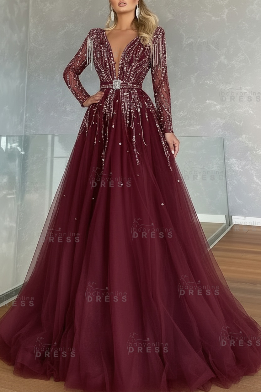 Long Sleeves V-neck Ball Gown A-line Prom Dress with Beadings