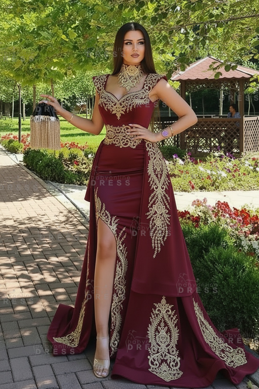 Dark Green Velvet Mermaid Evening Dress with Gold Lace appliques