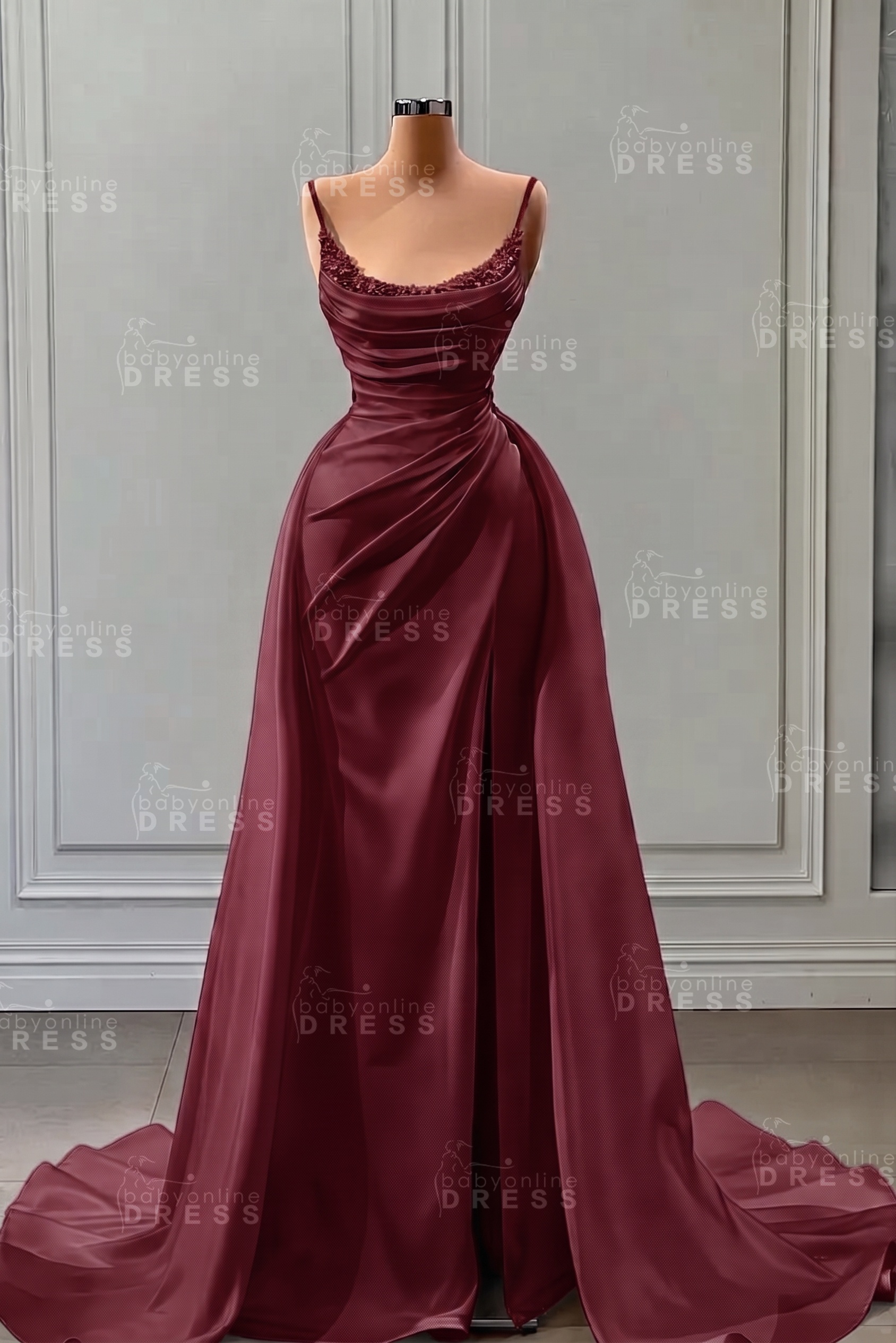 White Spaghetti Straps Satin Mermaid Prom Dress with High Split