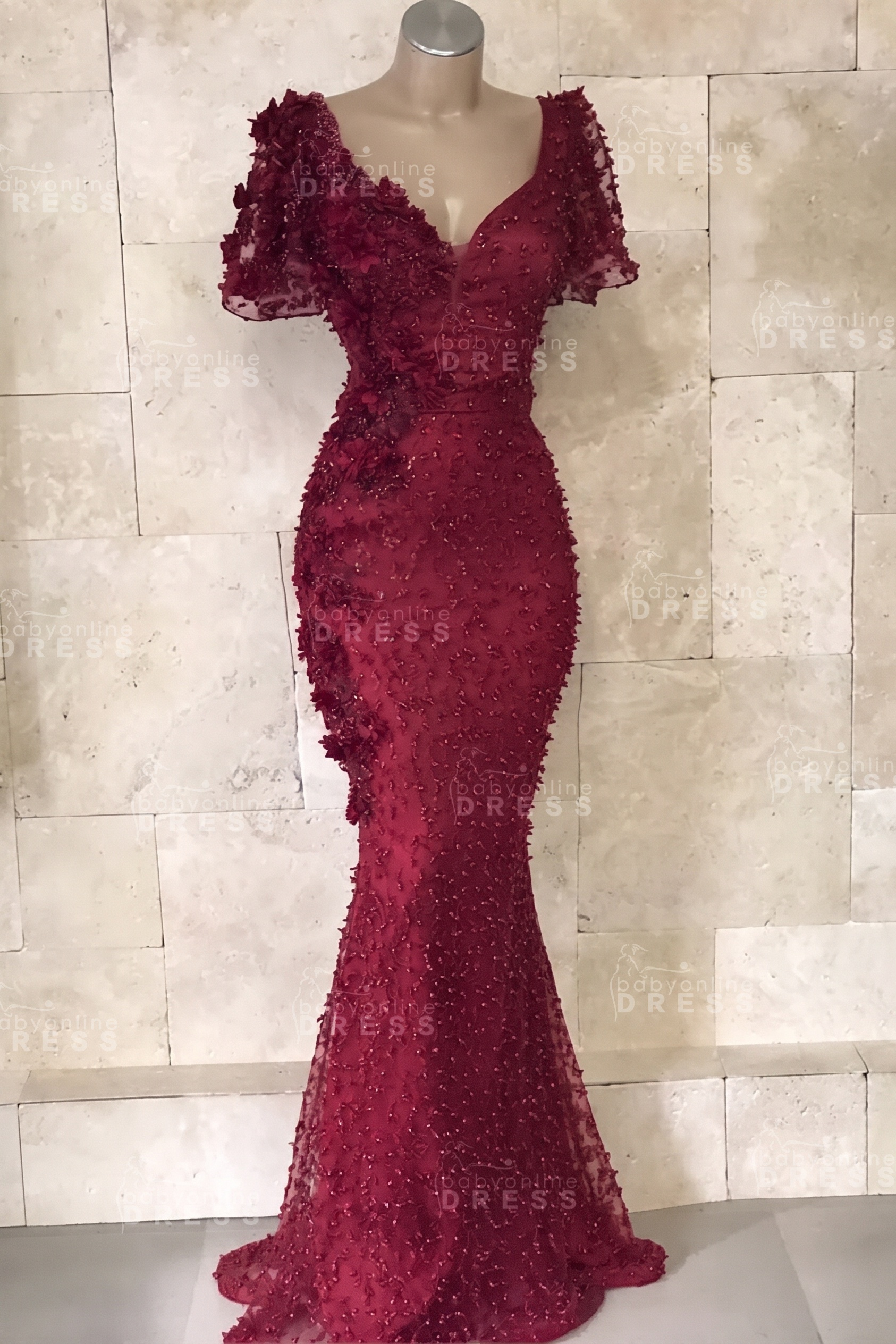 Glamorous V-Neck Short Sleeves Beading Flower Mermaid Floor-Length Prom Dresses