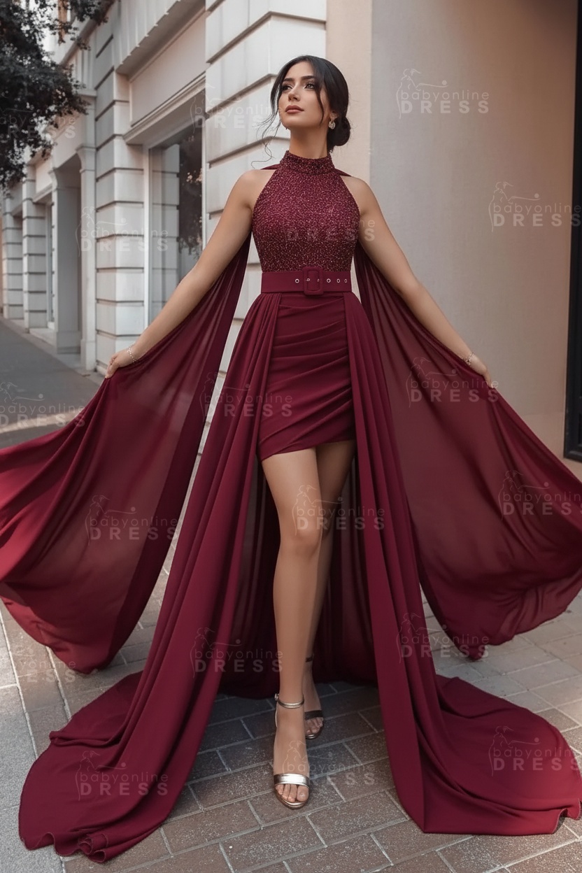 Halter Royal Blue Evening Party Dress Cape with Sweep Train
