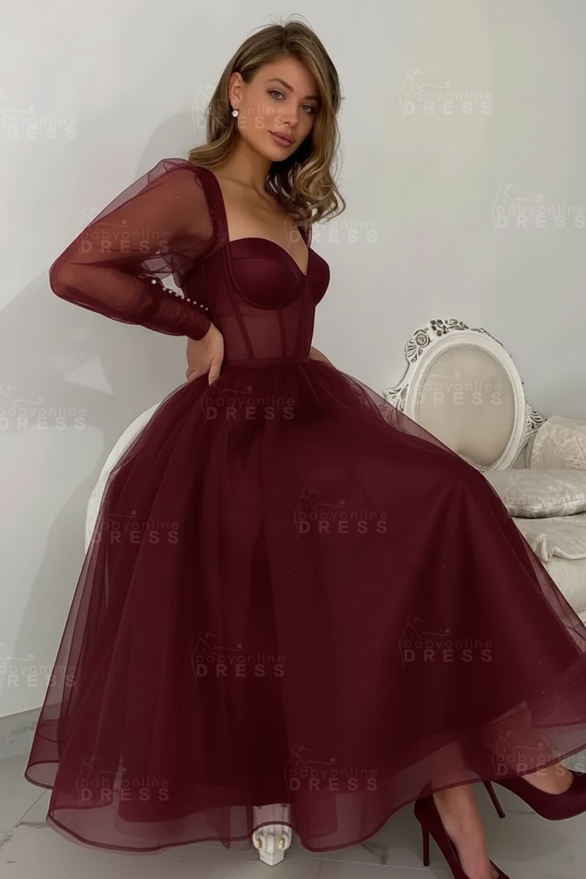 Long sleeves Pink See through Tulle Homecoming Dresses Aline