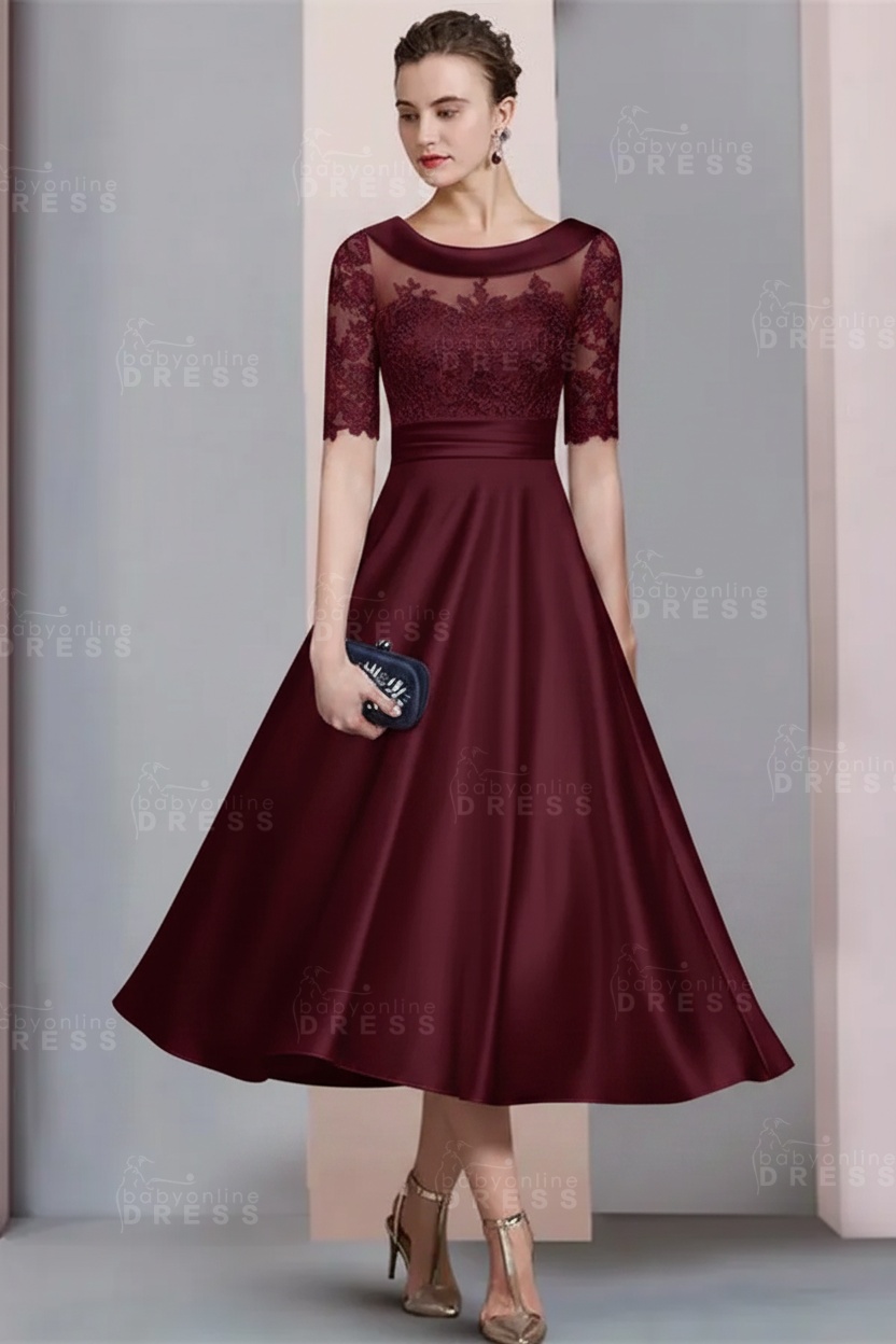 Elegant Ivory Jewel Lace Beading A-Line Tea Length Satin Wedding Guest Dress Formal Mother Dress