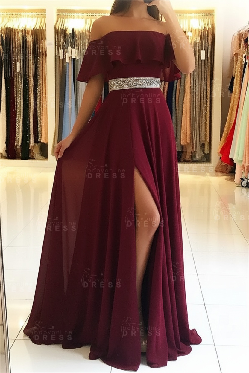 Sky Blue Off The Shoulder Evening Dresses Sexy | Chiffon Side Slit Prom Dress with Crystals Belt