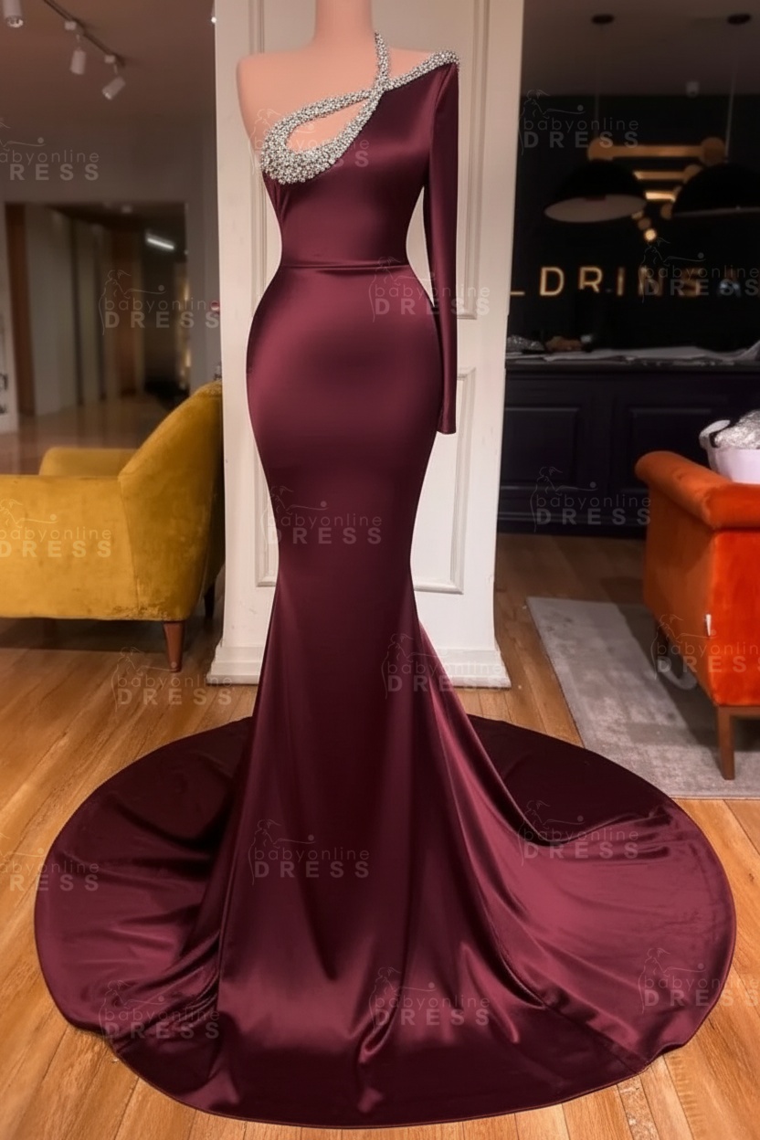 Long sleeves Beaded neckline Black Mermaid Prom Dresses