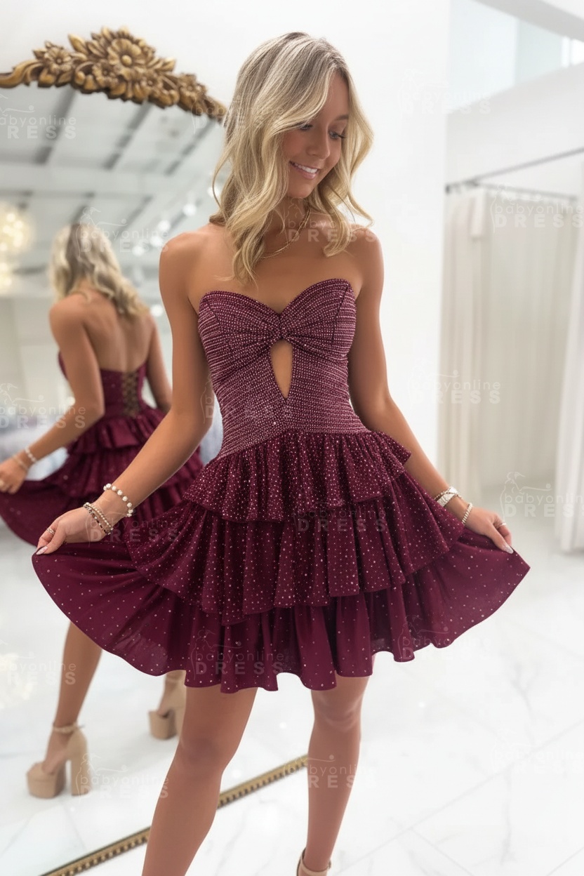 Black Sweetheart Rhinestone Bow Cutout A-Line Tiered Mini Homecoming Dress