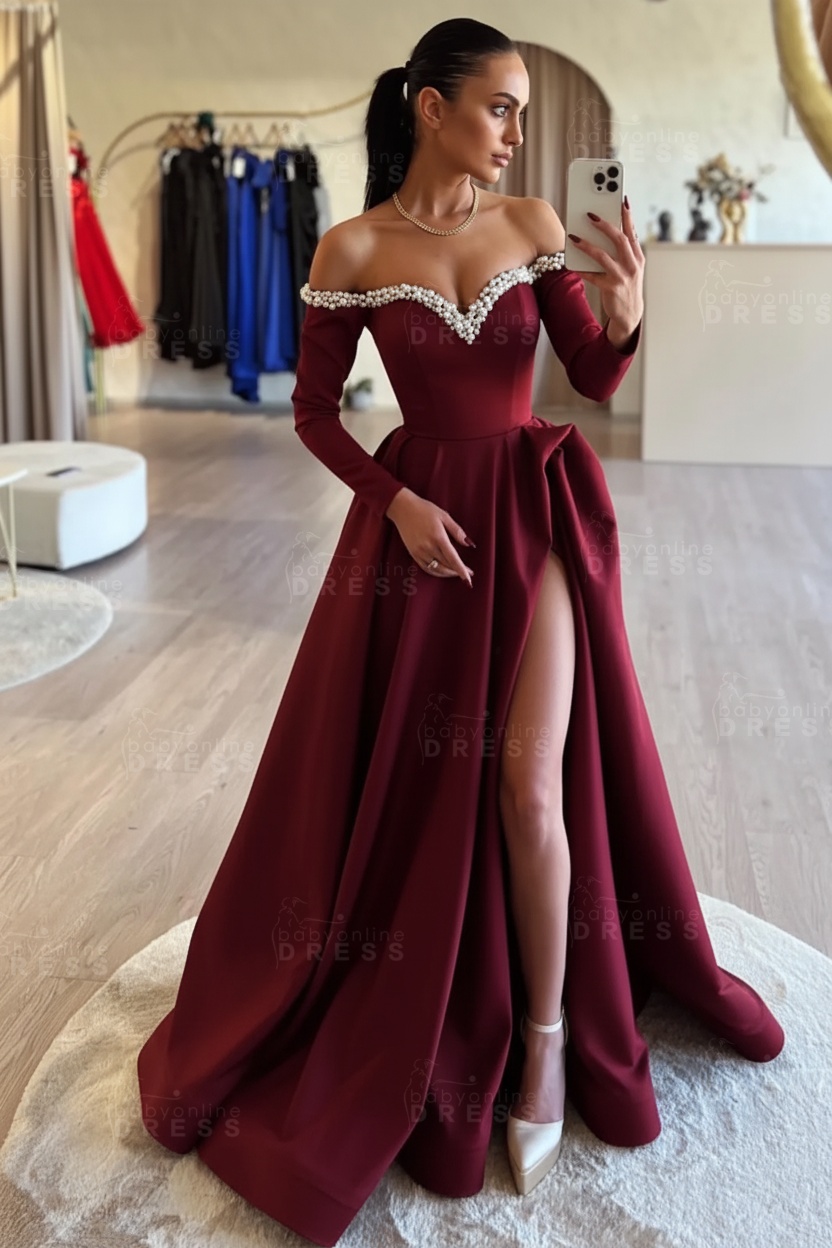 Long sleeves Pearls A-line Princess Front Split Black Prom Dresses