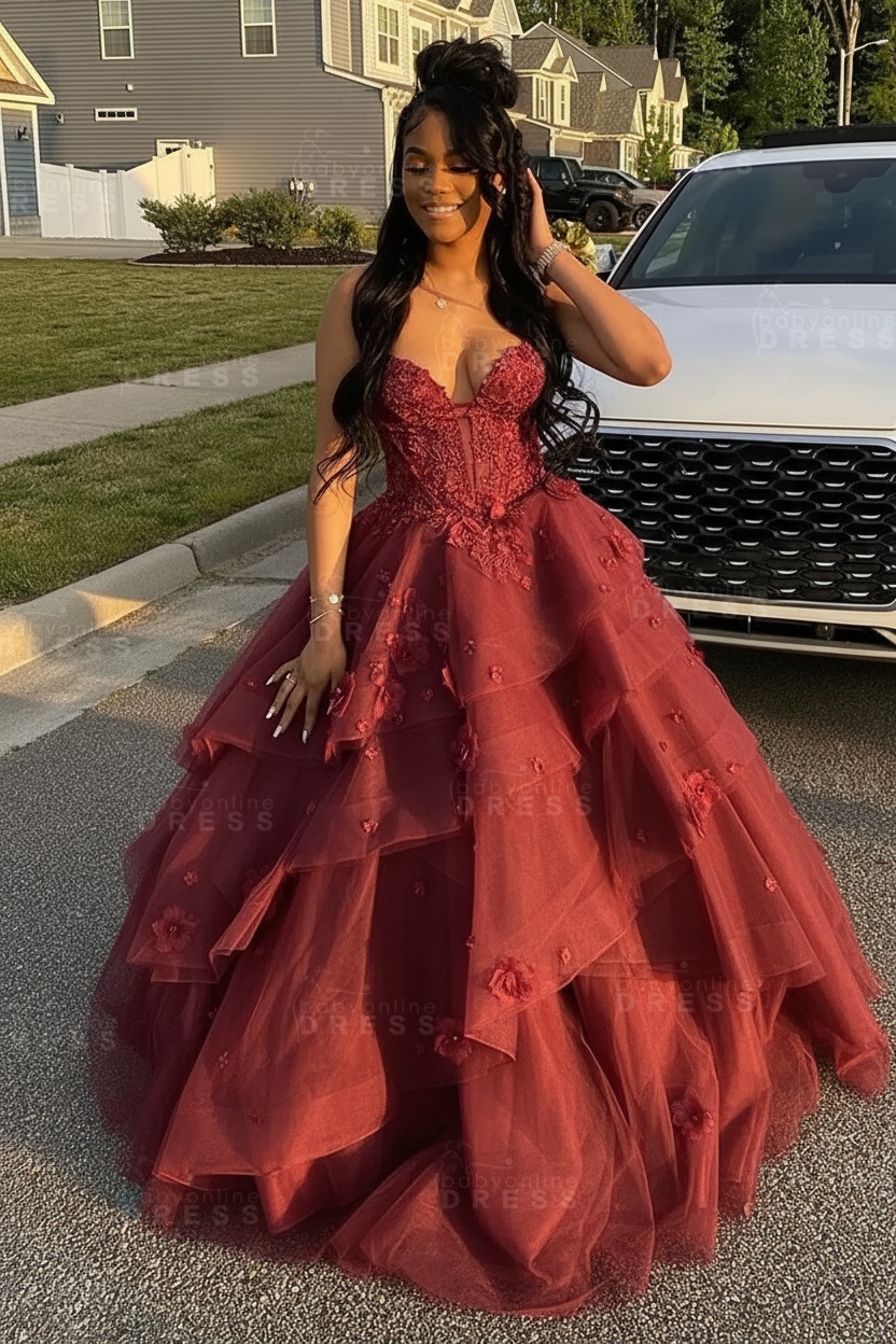 Sleeveless V-Neck Tulle Aline Prom Dress Floral Tiered Ruffles Corset Evening Dress