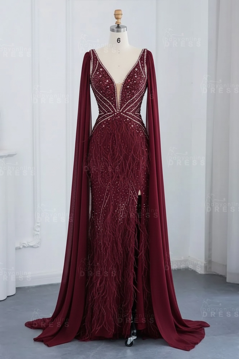 Glamorous V-Neck Fur Beadings Front Slit Mermaid Evening Gowns with Tulle with Cape Sleeves Wedding Party Dress