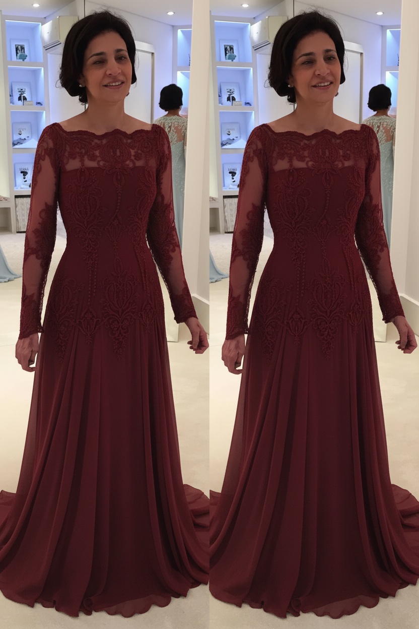 Elegant Floor-Length Lace Long-Sleeves A-line Mother of the Bride Dress 