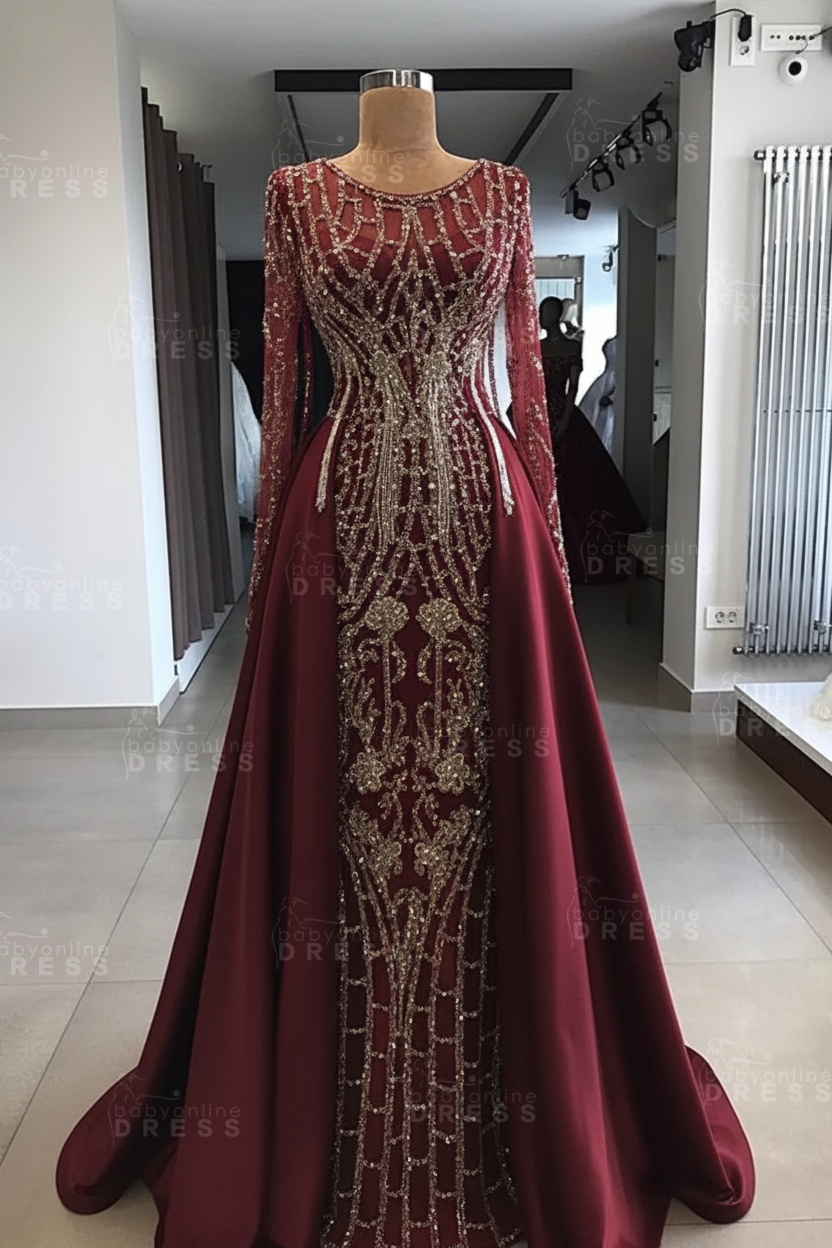 Shining Beaded Long Sleeves Round Neck Prom Dresses With Over Skirt | A Line Evening Gowns