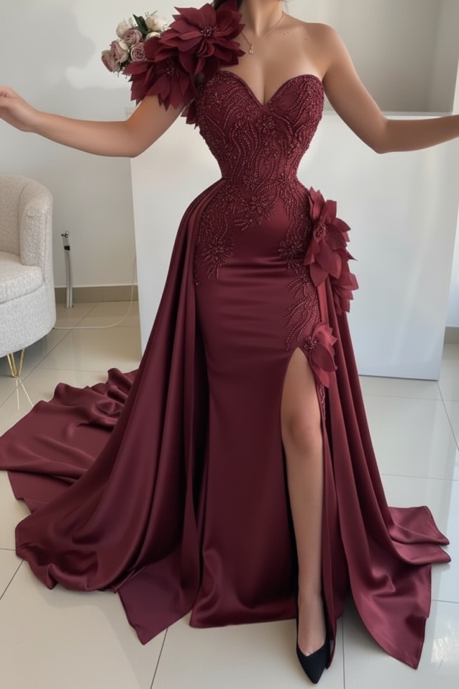 Flowers One shoulder Mermaid Long Prom Dresses with High Split