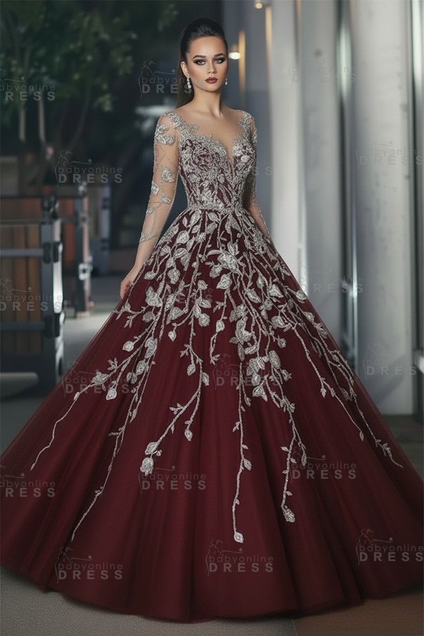 Stunning Illusion Long Sleeve Sexy Evening Gowns | A-line Lace Appliques Tulle Prom Dress