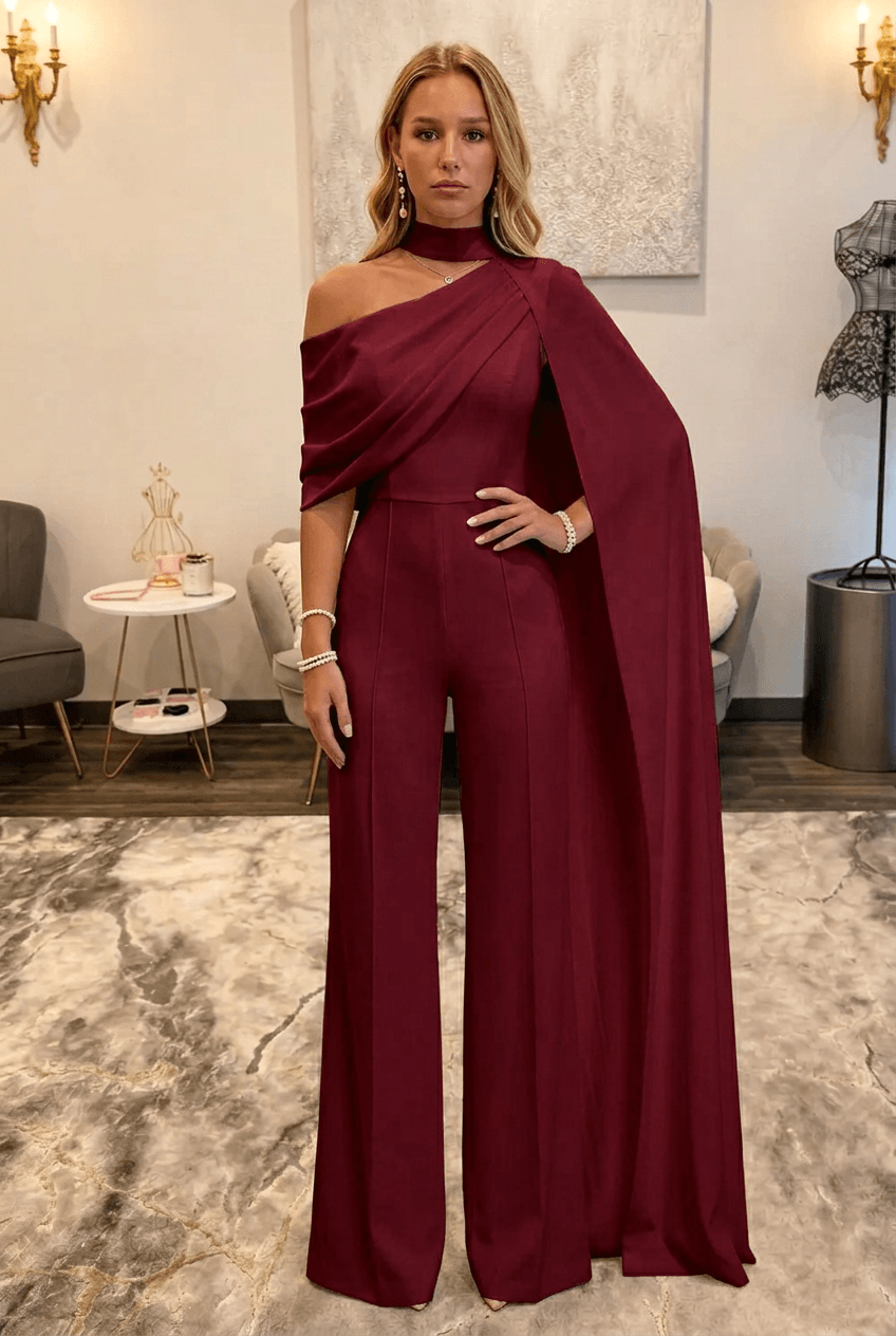 Burgundy Asymmetric Neck White One-Shoulder Bridal Formal Jumpsuit with Sash