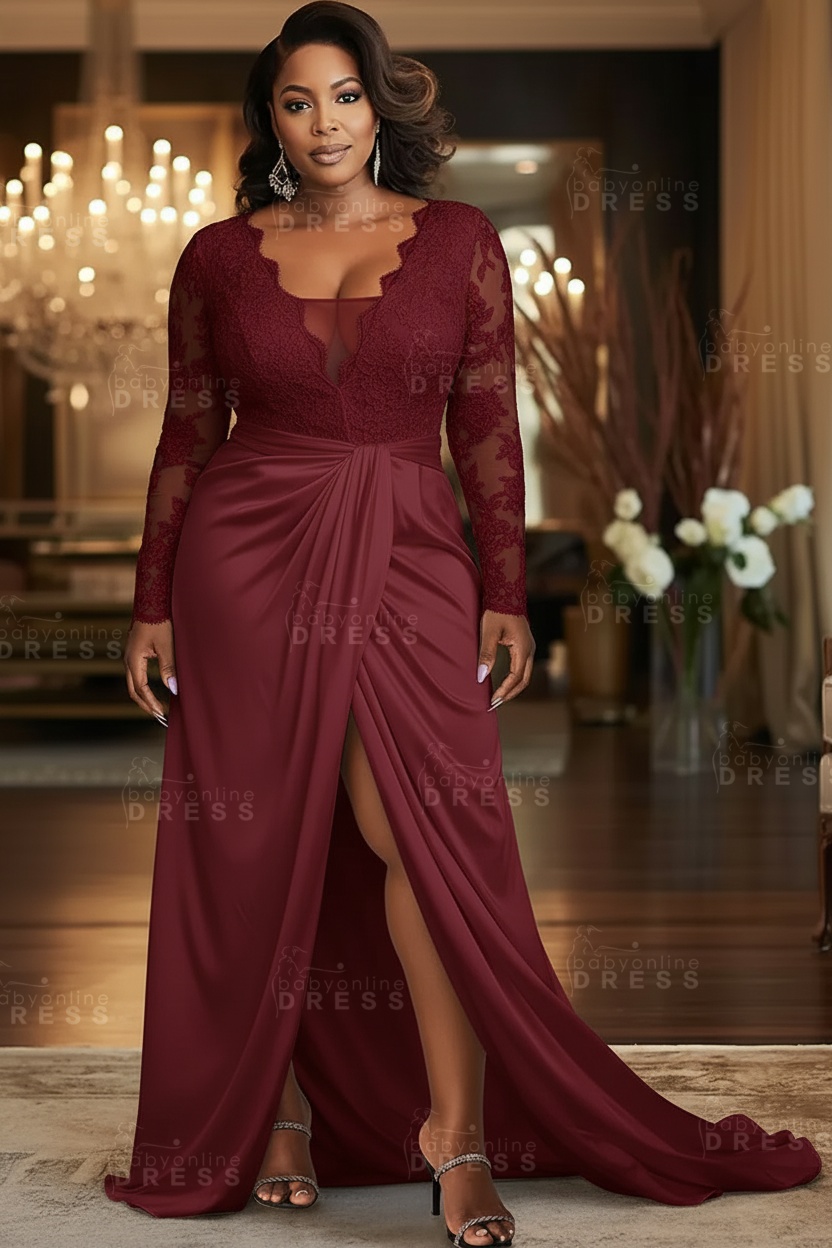 V-neck Appliques Lace Long Sleeve A-Line Prom Dresses with Slit
