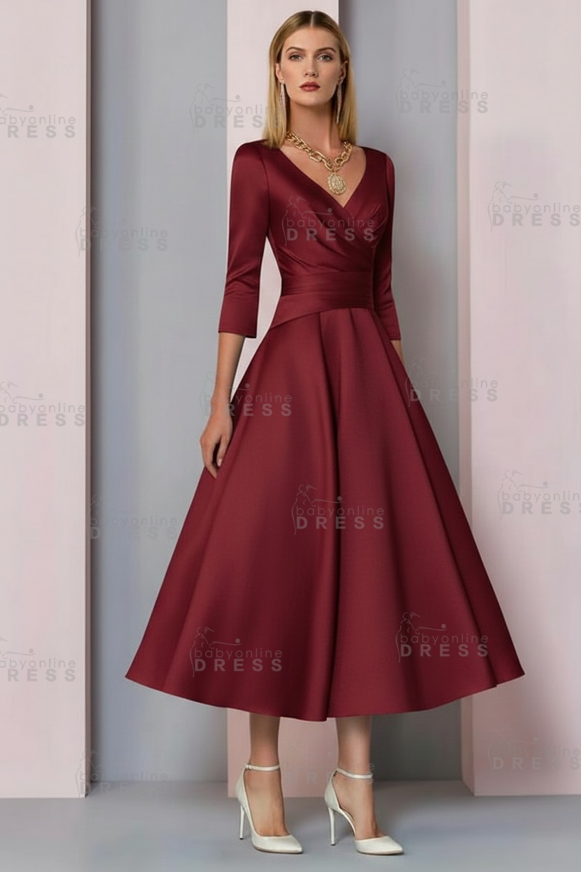 Half Sleeves White Ankle Length Mother of the Bride Dress V-Neck Satin Wedding Guest Dress