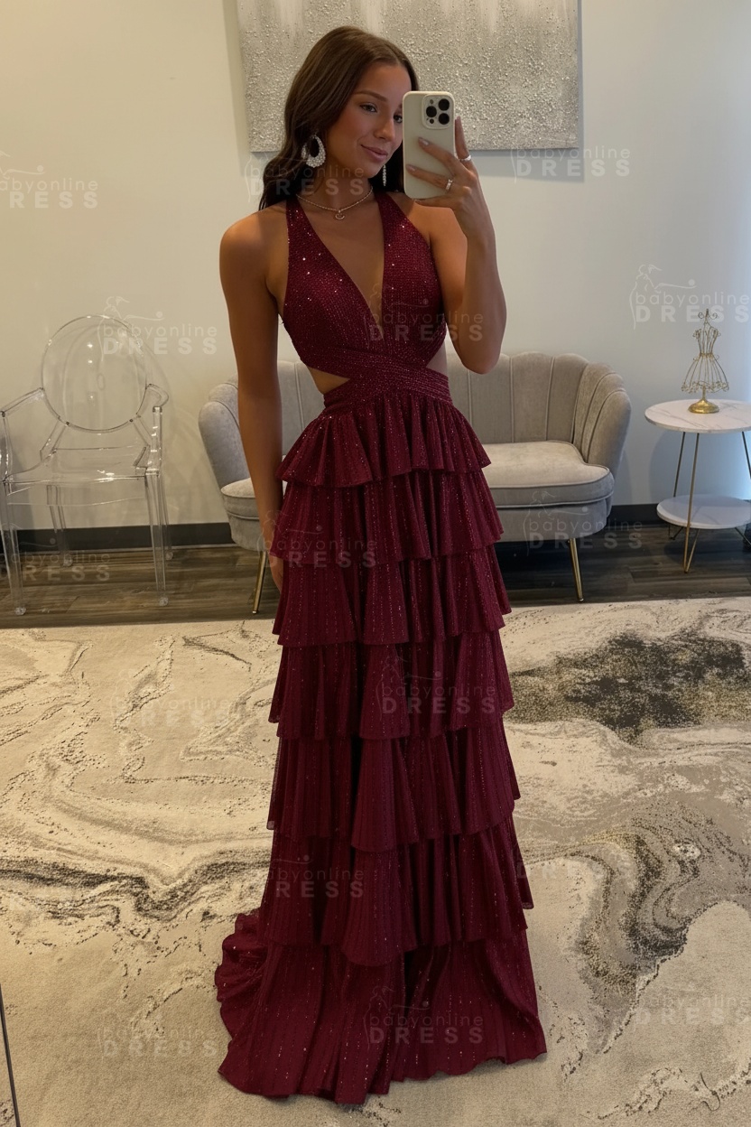 Halter Aline Prom Dress Sequined V-Neck High Split Evening Dress Long