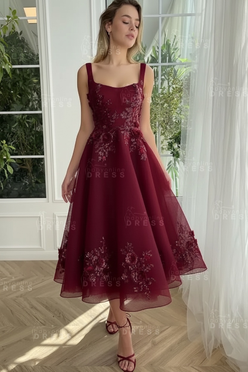 Burgundy Ankle length square neck Homecoming Dress Tulle Aline Formal Dress