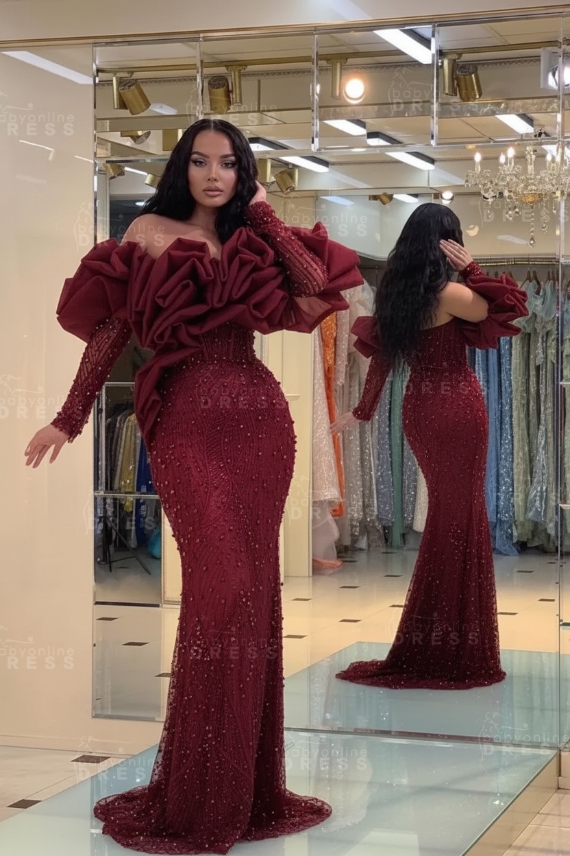 Bubble Sleeves Long Mermaid Prom Dress with Sequins and Beadings