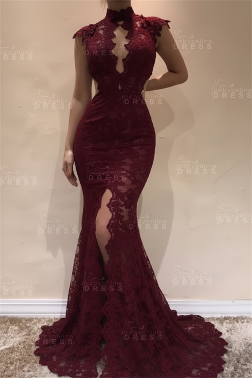 Sleeveless Front Split Evening Dresses | Black High Neck Lace Sexy Prom Dresses