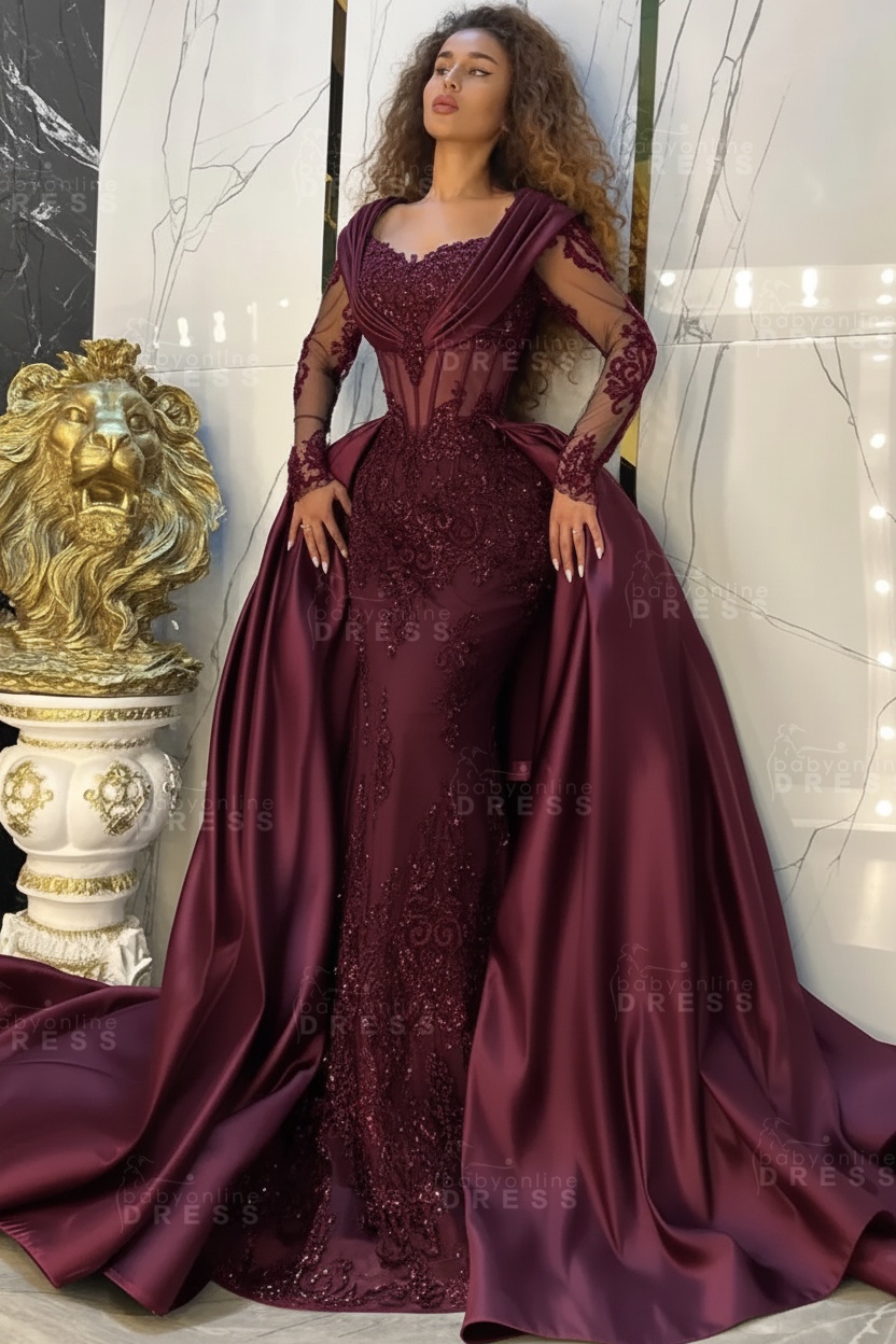 Gorgeous Sweetheart Appliques Lace A-Line Prom Dresses Long Sleeve Chapel Train