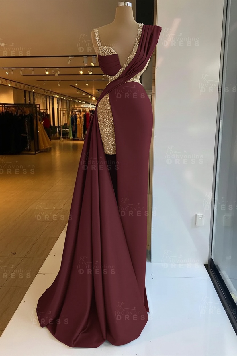 Luxury Satin Prom Dress Sleeveless with Sequins Sleeveless Evening Gown