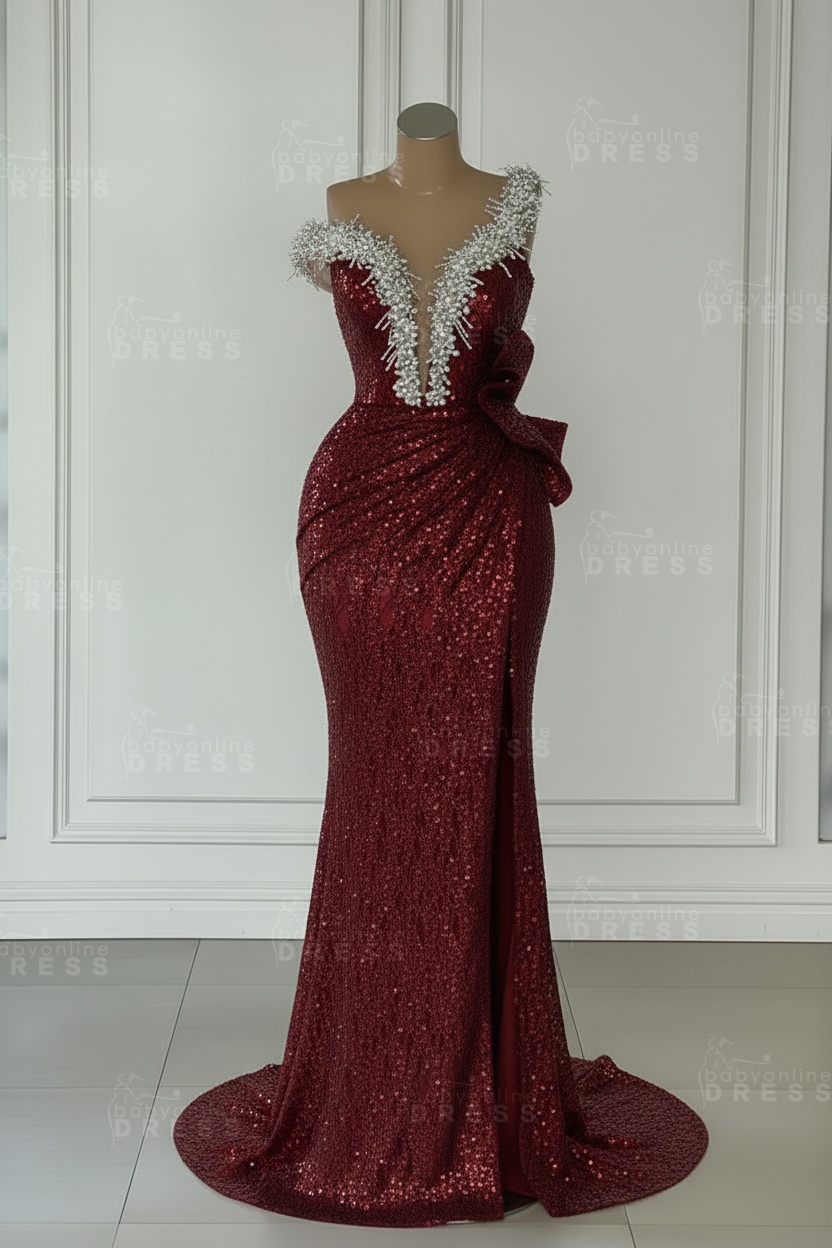 One Shoulder Sequins Sleeveless Long Mermaid Prom Dress