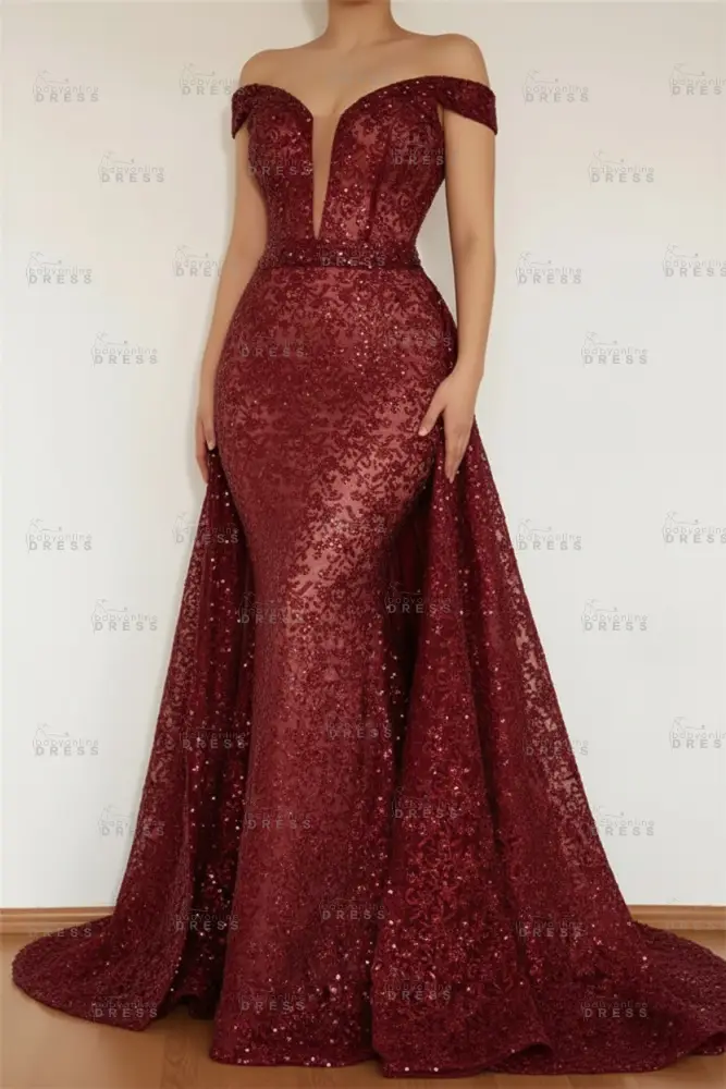 Burgundy Glamorous Mermaid Off The Shoulder Lace Appliques Prom Dress With Detachable Skirt