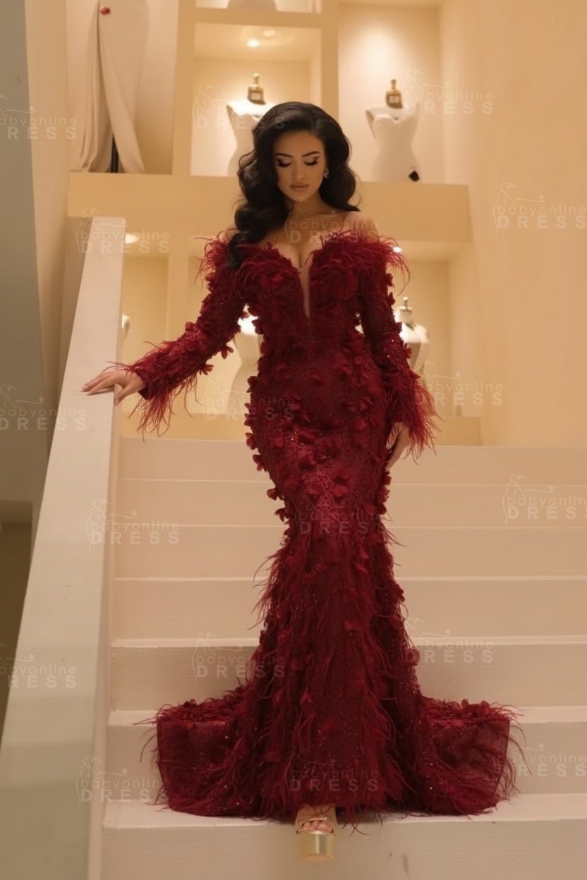 V-neck Long Sleeves Mermaid Evening Dresses Floor Length with Flowers